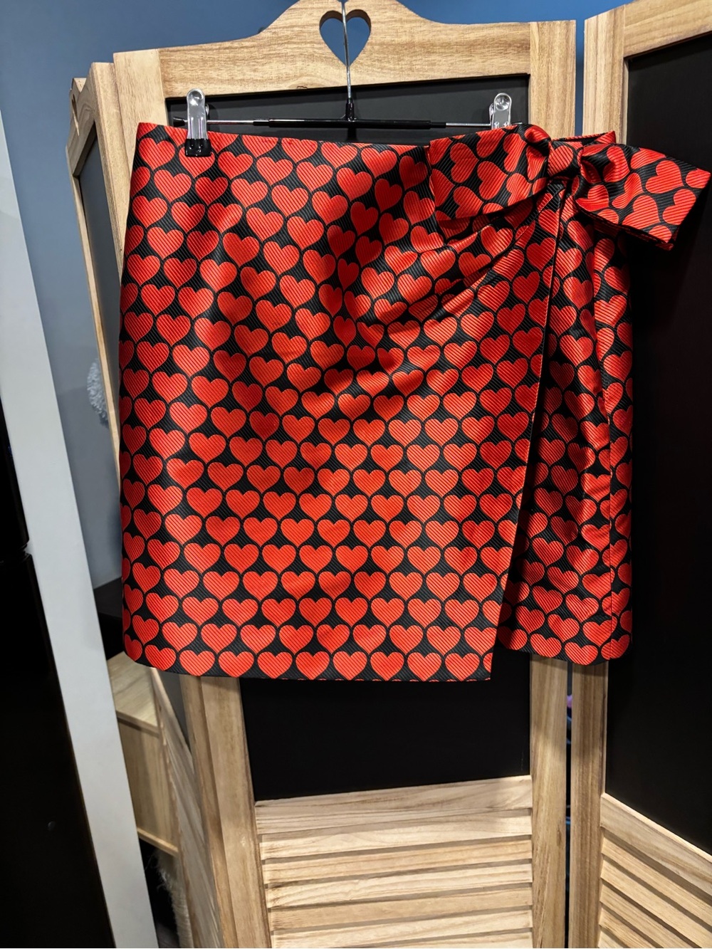 J. Crew Red and Black Heart-Print Wrap Mini Skirt